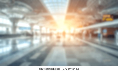A defocused interior view of a spacious modern transit station with sunlight streaming through the windows