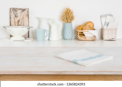 Defocused Kitchen Counter Background With Textile Napkin And Copy Space