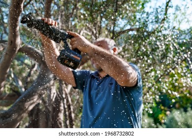 Defocused man prunes a tree in the garden with reciprocating saw. Selective focus on the sawdust. Garden cleaning in spring - Shutterstock ID 1968732802