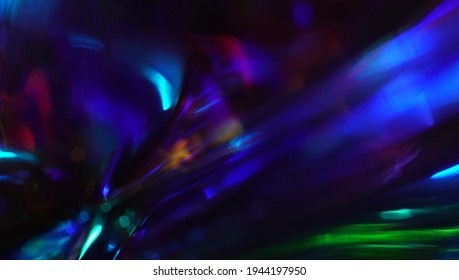 Defocused Metallic Dark Blue Green And Purple Light Leaks. Festive Neon Abstract Holographic Modern Background For Party. Blurred Glow