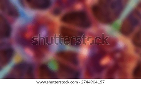 Defocused microscopic rendering of glowing red neural networks, cells, or brain synapses. Abstract scientific background designed for neurology, artificial intelligence, and deep learning medical concepts.