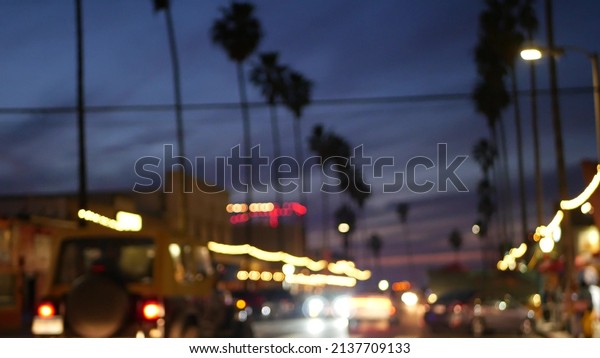 Defocused palm trees in Ocean Beach, lights in\
twilight. Row of palmtrees and cars on evening road in dusk.\
Illuminated garlands glowing on waterfront city street, California\
coast, San Diego,\
USA.