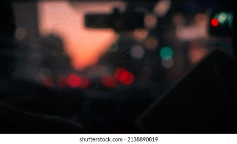 Defocused Shot From Inside A Taxi Cab, Blurred Lights