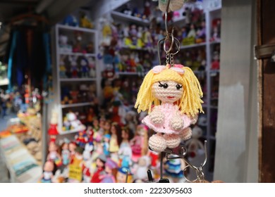 Defocused Traditional Local Handmade Cloth Dolls And Table Cloth At Sirince, Izmir Turkey