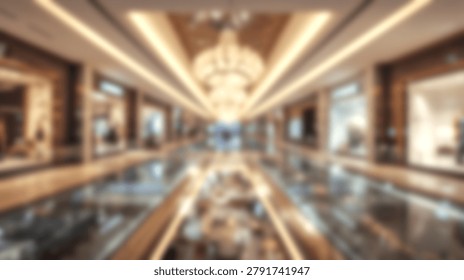 A defocused view of a modern multi level shopping center featuring bright lights and upscale retail stores