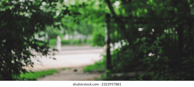 Defocused view on urban street from forest between trees. Exit from dark forest in roadway. Bokeh background with nature and city nearby. Get out of park. Fence between civilization and woods in blur.