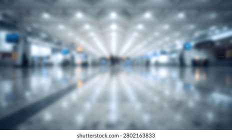 A defocused wide angle view of a spacious modern transit station interior featuring bright ceiling lights and polished reflective flooring