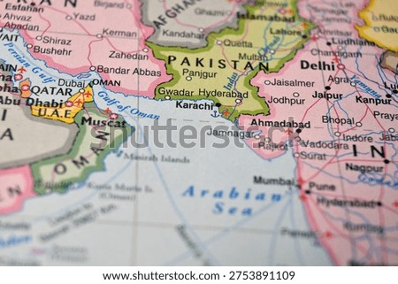 Defocused World Map Background Showing Karachi Location Top View Geography and Travel Concept