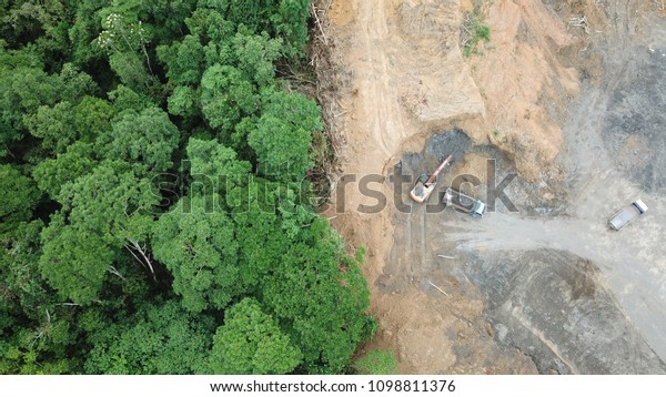 Deforestation aerial\
photo. Rainforest jungle in Borneo, Malaysia, destroyed to make way\
for oil palm plantations\
