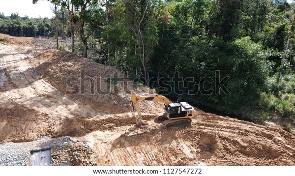 Deforestation. Destruction of Borneo rainforest for palm\
oil industry.  