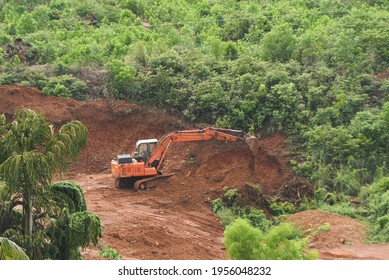 Deforestation of rainforest. Environmental problem. destruction of forest. Indian forest destroyed for plantations India	
