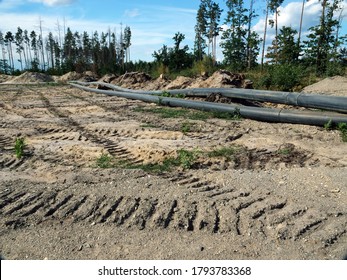 Deforestration, Environmental Destruction Concept. The Impact Of Industry On The Environment, Pipes Laid In The Forest.