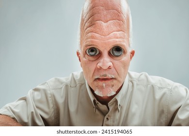 The deformity of an evil, possibly alien being from a nightmare, with huge, black eyes and an elongated head, in an office dystopia.