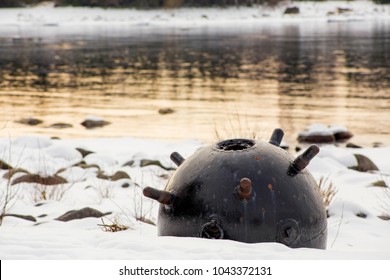 Defused Naval Mine From World War 1 And 2, Now Used For Decoration Outdoors In Winter By The Sea Water. 