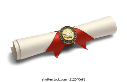 Degree Scroll with Red Ribbon and Diploma Medal Isolated on White Background.