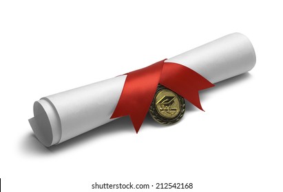 Degree Scroll With Red Ribbon And Diploma Medal Isolated On White Background.