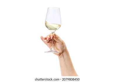 Degustating Delicious Wine. Cropped Image Of Male Hand Holding Glass With White Wine Isolated Over White Background. Concept Of Alcohol, Drink, Party, Degustation, Holiday. Copy Space For Ad