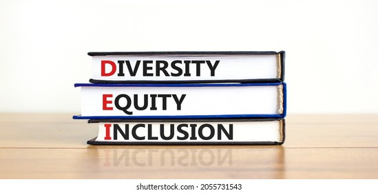 DEI, Diversity, equity, inclusion symbol. Books with words DEI, diversity, equity, inclusion on beautiful wooden table, white background. Business, DEI, diversity, equity, inclusion concept.