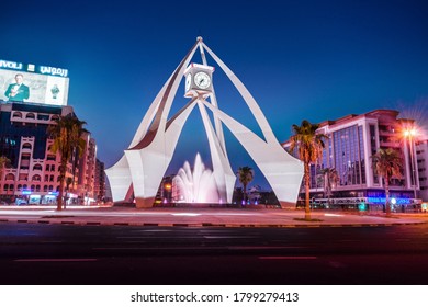 Deira, Dubai, UAE-7-10-2020-Dubai Clocktower Night View Dubai's First Internationally Known Icon, The Clock Tower Is Located In Eastern Dubai In Deira, Travel And Tourism Concept Image