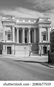 Casón Del Buen Retiro, Madrid, Spain. Built In 1637, Since 1971 It Is One Of The Buildings That Are Part Of The Prado Museum. Black And White. Vertical View.