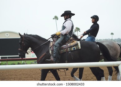 Del Mar, CA  USA -9119- Race Horses And Stablemates On The Dirt Track At Del Mar Thoroughbred Club For Morning Workout Training - 