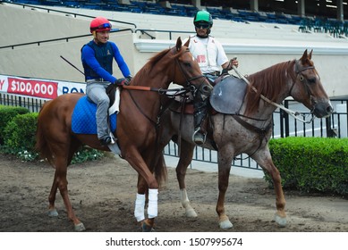 Del Mar, CA  USA - Jockeys And Race Horses Enter Race Track For Morning Workout At Del Mar Thoroughbred Club