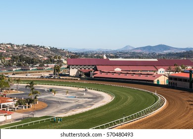 DEL MAR, CALIFORNIA - NOVEMBER 25, 2016:  Thoroughbred Horse Racing Track And Surrounding Area With Mountains In The Distance.  