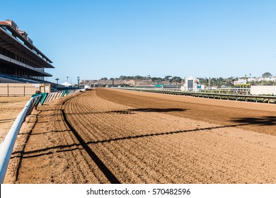 DEL MAR, CALIFORNIA - NOVEMBER 25, 2016:  Dirt Race Track, Grandstand And Tote Board For This Thoroughbred Racing Venue.  