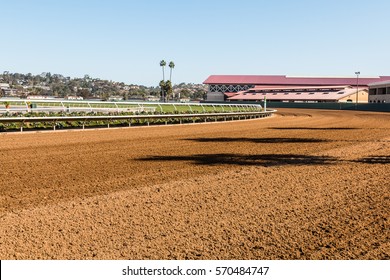 DEL MAR, CALIFORNIA - NOVEMBER 25, 2016:  Dirt Race Track And Horse Barns Of The Second Largest Horse Racing Venue In The Western United States.    