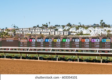 DEL MAR, CALIFORNIA - NOVEMBER 25, 2016:  Video Board With Race Results At The Del Mar Thoroughbred Horse Racing Track.