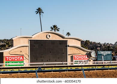 DEL MAR, CALIFORNIA - NOVEMBER 25, 2016:  Close-up View Of The Tote Board At The Del Mar Horse Racing Venue.