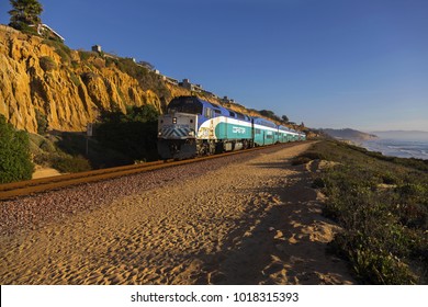 DEL MAR, CALIFORNIA, UNITED STATES - FEBRUARY 5, 2018: The Coaster Commuter Train That Operates In The Central And Northern Coastal Regions Of San Diego County Passing Through Del Mar Heights