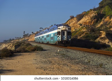 DEL MAR, CALIFORNIA, UNITED STATES - FEBRUARY 5, 2018: The Coaster Commuter Train That Operates In The Central And Northern Coastal Regions Of San Diego County Passing Through Del Mar Heights