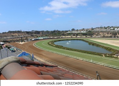 DEL MAR, CALIFORNIA / USA - August 22, 2018: View Of Dirt And Grass Race Tracks And Pond At The Del Mar Racetrack Thoroughbred Horse Racing Track.