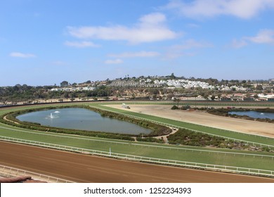 DEL MAR, CALIFORNIA / USA - August 22, 2018: View Of Dirt And Grass Race Tracks, Pond And Surroundings At The Del Mar Racetrack Thoroughbred Horse Racing Track.