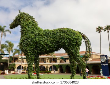 Del Mar, California / USA - August 7, 2019: A Race Horse Shaped Topiary At Del Mar Racehorse Paddock.