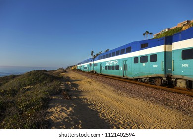 Del Mar, California, USA - February 5, 2018: The Coaster Commuter Train That Operates In The Central And Northern Coastal Regions Of San Diego County Passing Through Del Mar Heights