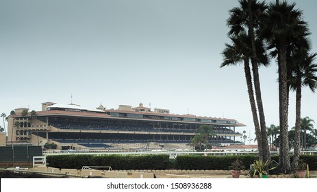 Del Mar, CAUSA 83219 - View Of Grandstand At Del Mar Thoroughbred Club Horse Racing Track During Morning Workout Hours, Empty Grandstand, Near San Diego, Daybreak At Del Mar