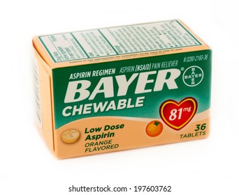 DeLand, FL, USA - June 5, 2014: Bayer 81mg Chewable Aspirin Is Recommend For Children Or Adults That Have Difficulty Swallowing Pills. 