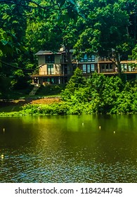 Delaware And Raritan Canal State Park. Beautiful Lake Front With Surrounding Forest.