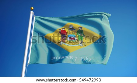 Delaware (U.S. state) flag waving against clear blue sky, close up, isolated with clipping path mask alpha channel transparency, perfect for film, news, composition