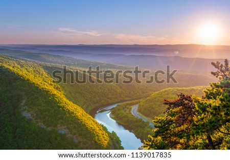 Delaware Water Gap Recreation Area viewed at sunset from Mount Tammany located in New Jersey 