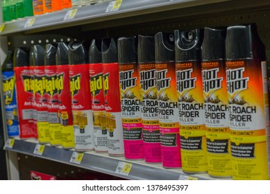 DELCAMBRE, L.A. / USA - APRIL 17, 2019: Hot Shot Bug Spray. Raid Bug, Ant, Spider And Roach Killer. Insect Spray On Display.