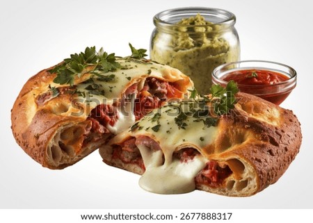 a delectable calzone cut in half on a white background