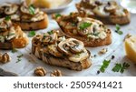 Delectable mushroom bruschetta, featuring grilled rustic bread topped with melted cheese and golden-browned mushrooms