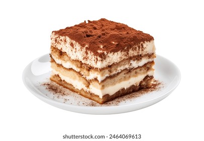 A delectable slice of tiramisu on a white plate, dusted with cocoa powder isolated - Powered by Shutterstock