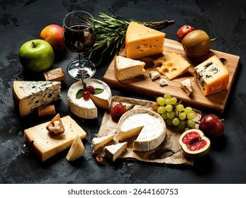 A delectable spread featuring various cheeses, including camembert, brie, and blue cheese, accompanied by red wine, grapes, and assorted fruits.