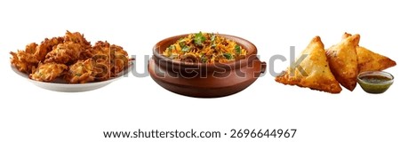 A delectable spread of pakora, biryani served in a rustic clay pot, and golden samosas with chutney, presented against a clean white backdrop.