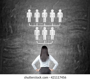 Delegate concept with businesswoman looking at hierarchy sketch on chalkboard