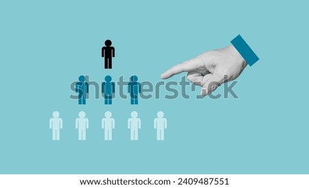 Delegate tasks, corporate structure, delegating and company hierarchy concept. Collage with the hand and figures of employees